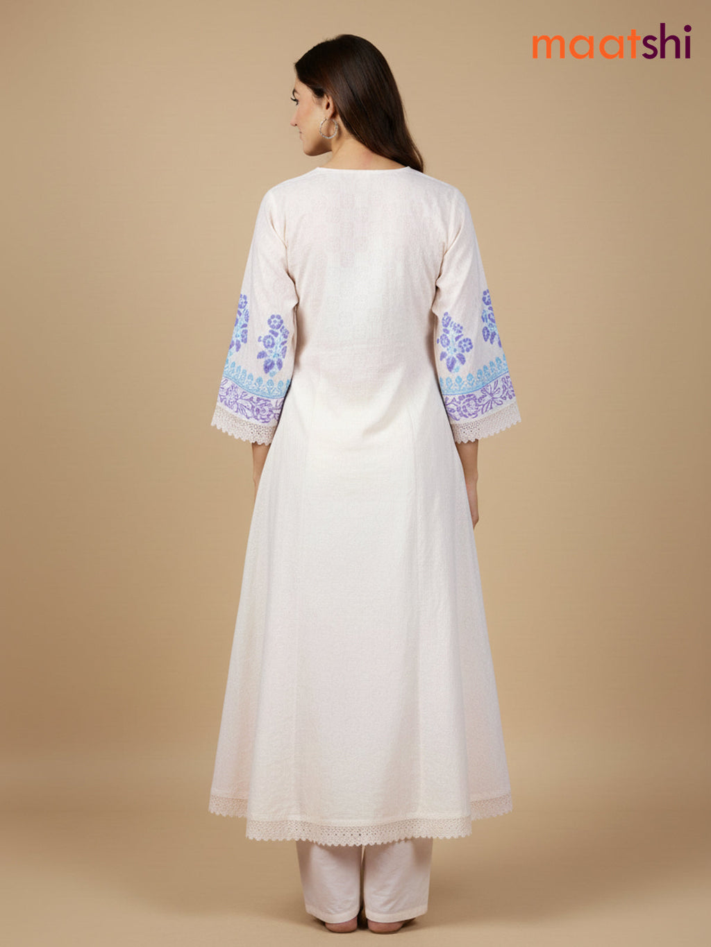 Cream and Lavender Teal Blue Cotton Block Printed Anarkali Suit