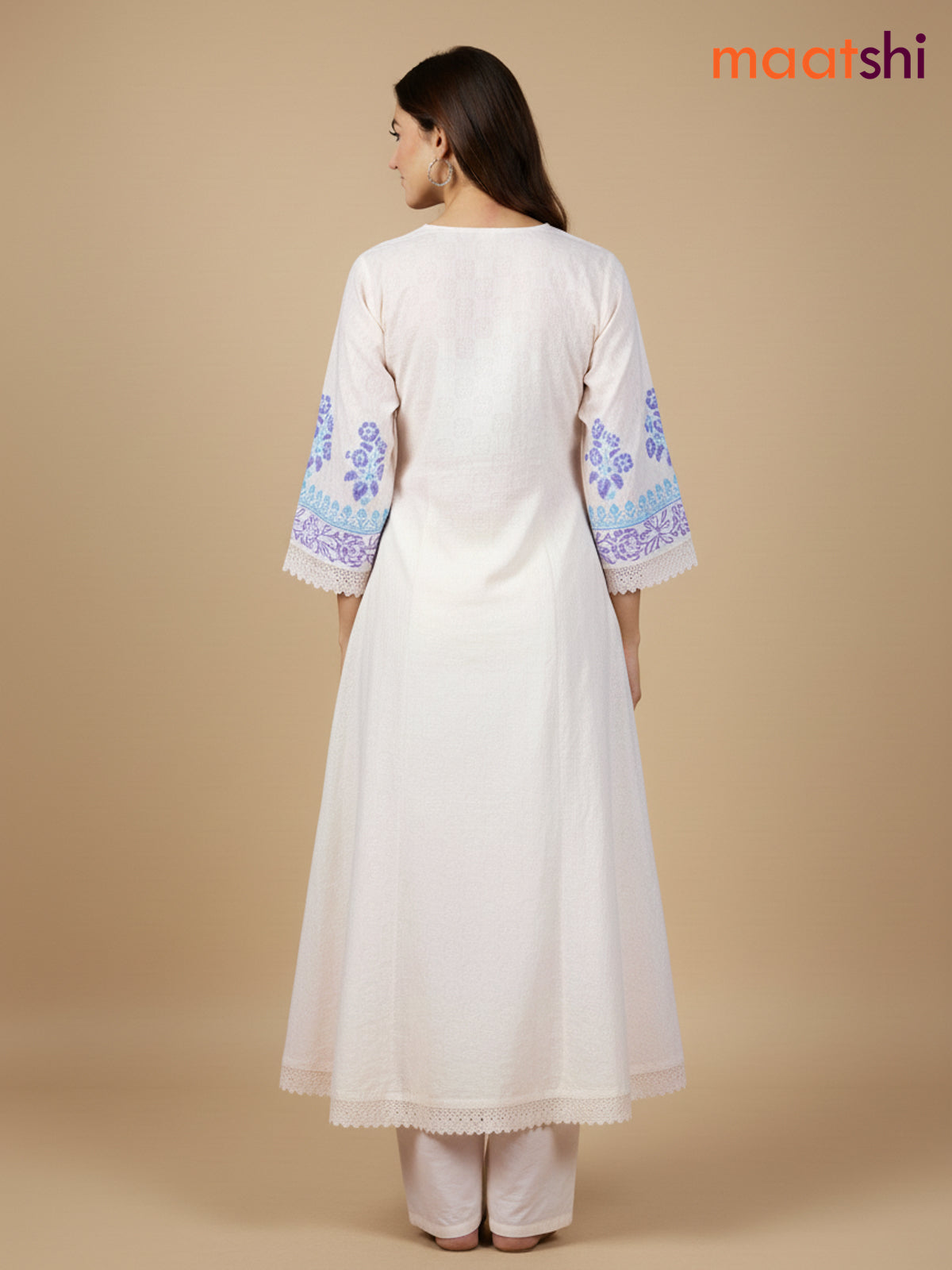 Cream and Lavender Teal Blue Cotton Block Printed Anarkali Suit