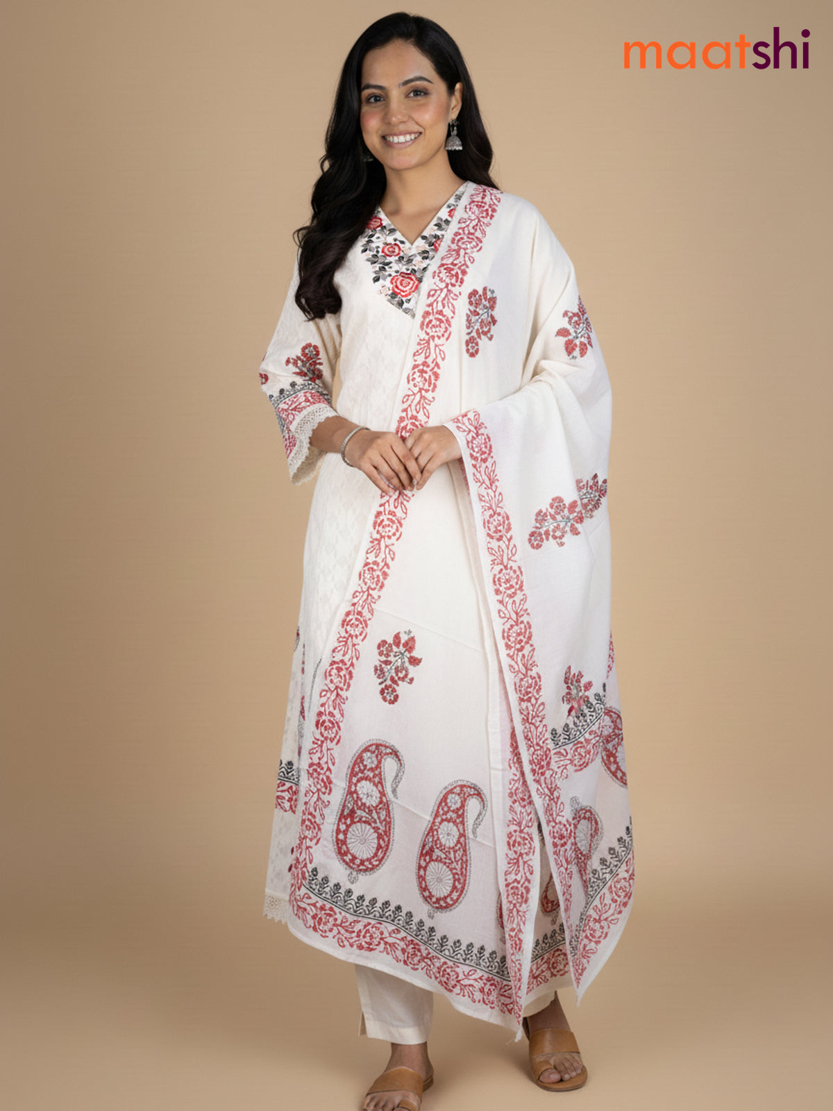 Cream and Maroon Black Cotton Block Printed Anarkali Suit