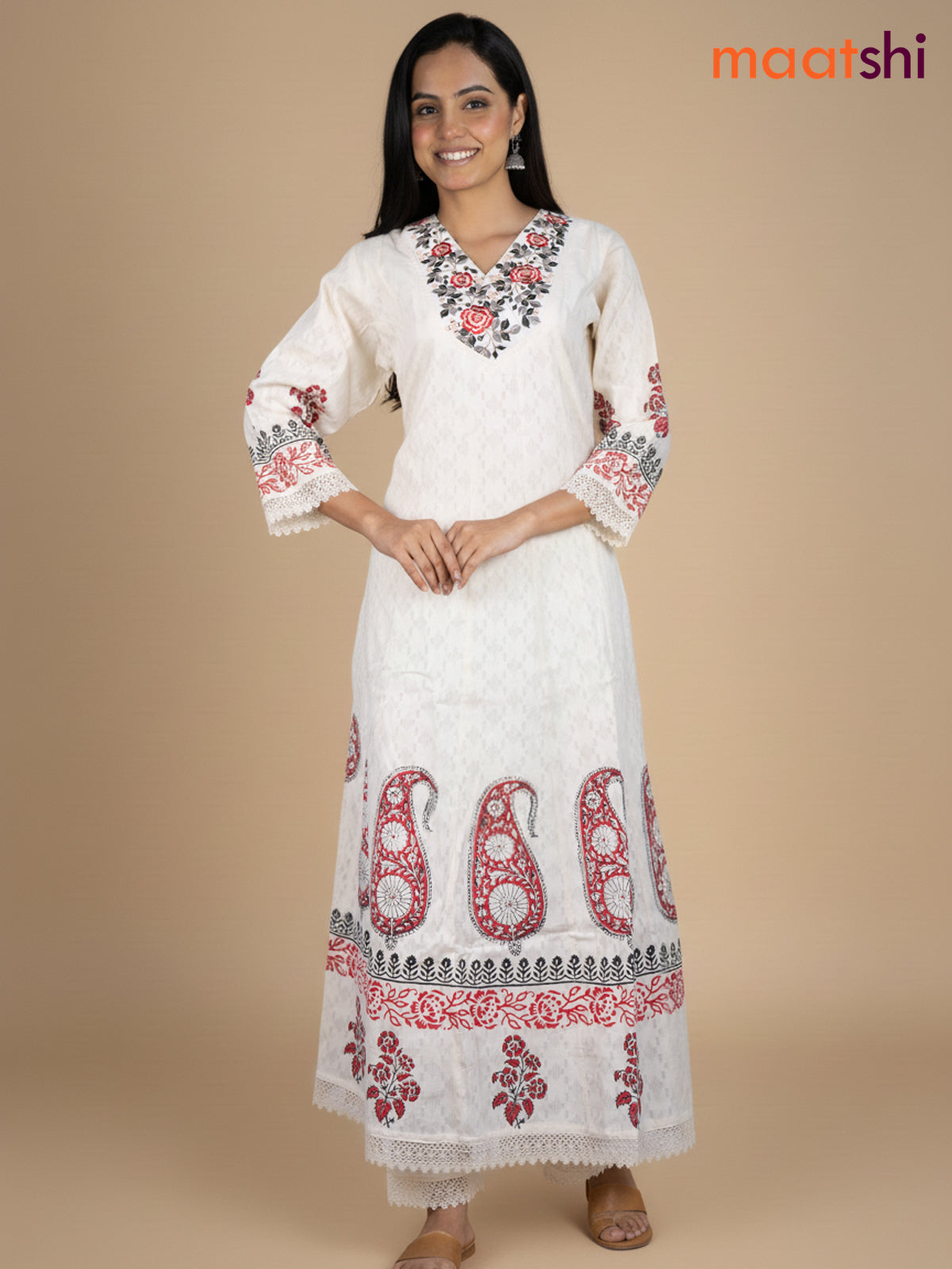 Cream and Maroon Black Cotton Block Printed Anarkali Suit