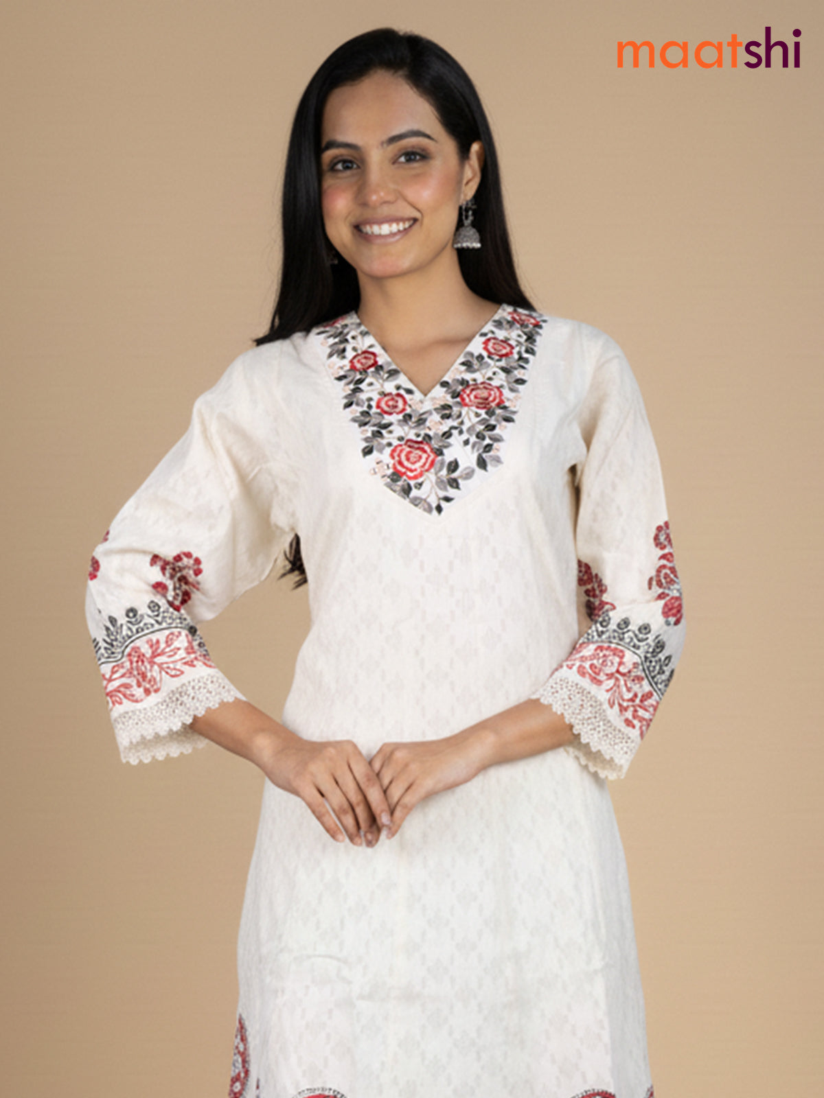 Cream and Maroon Black Cotton Block Printed Anarkali Suit