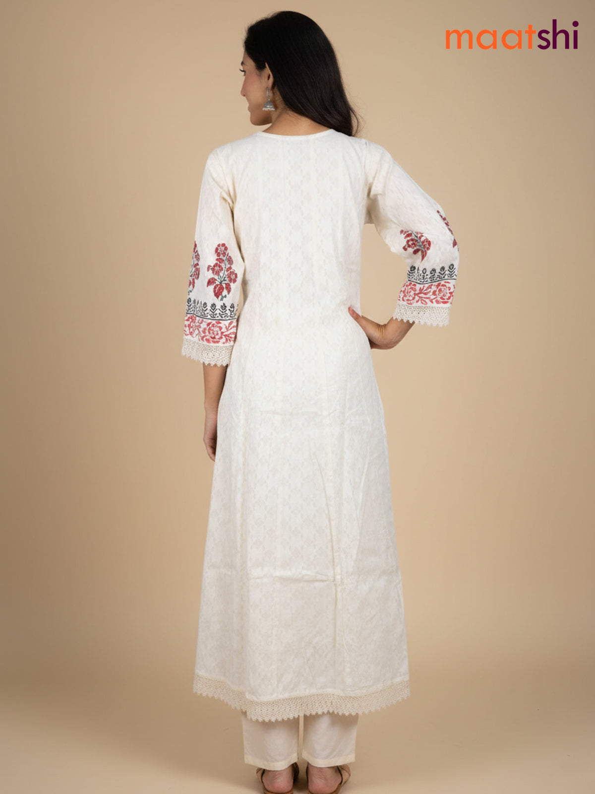 Cream and Maroon Black Cotton Block Printed Anarkali Suit
