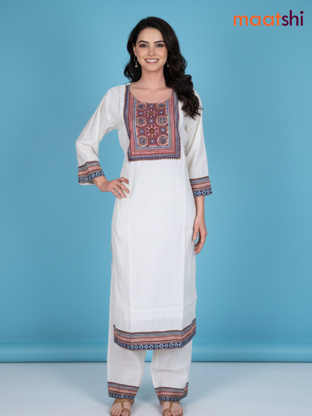 Off White and Brown Chanderi Beaded Work Straight Suit