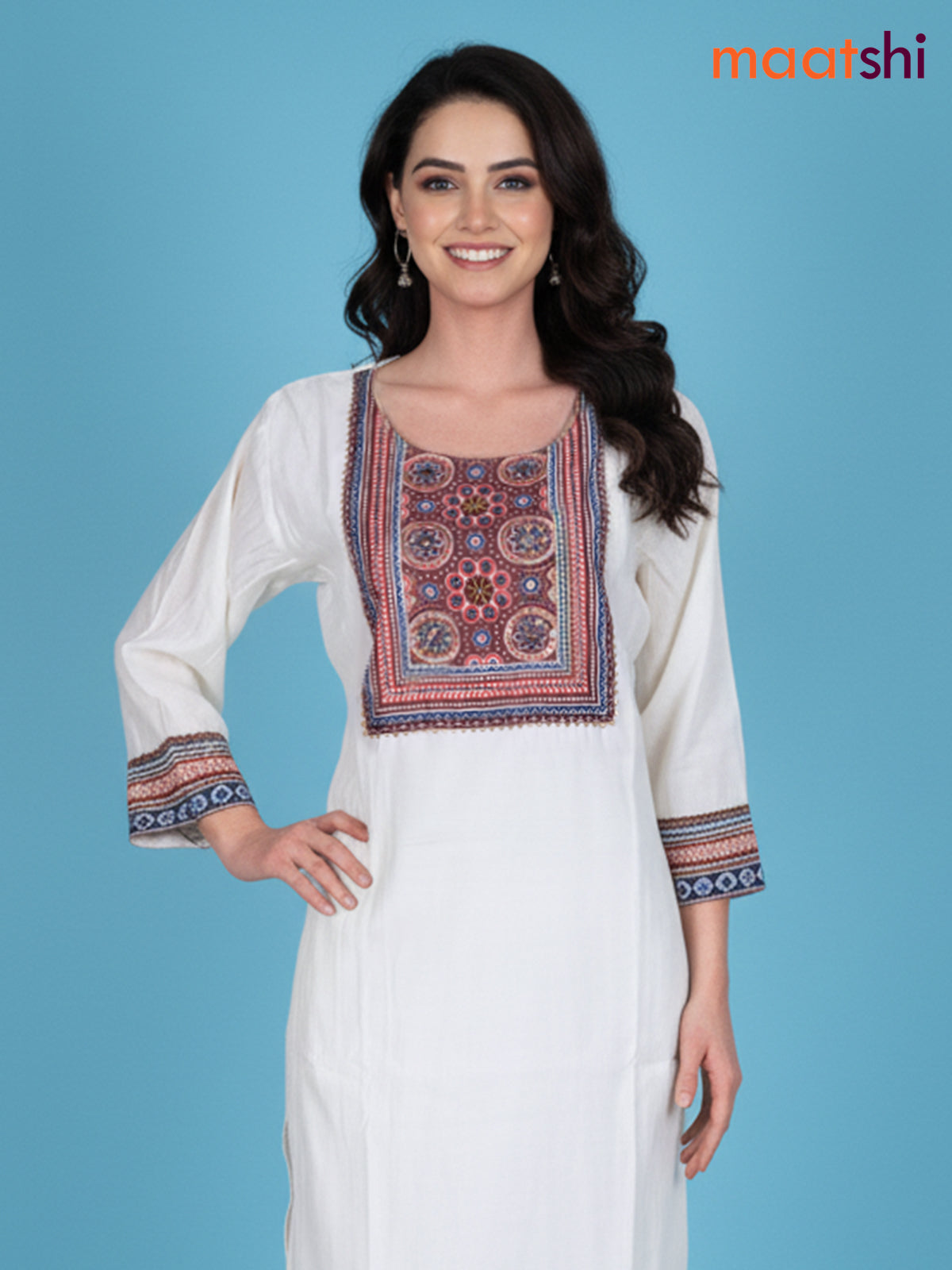 Off White and Brown Chanderi Beaded Work Straight Suit