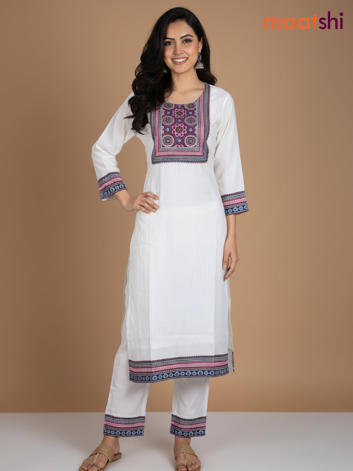 Off White and Deep Purple Chanderi Beaded Work Straight Suit