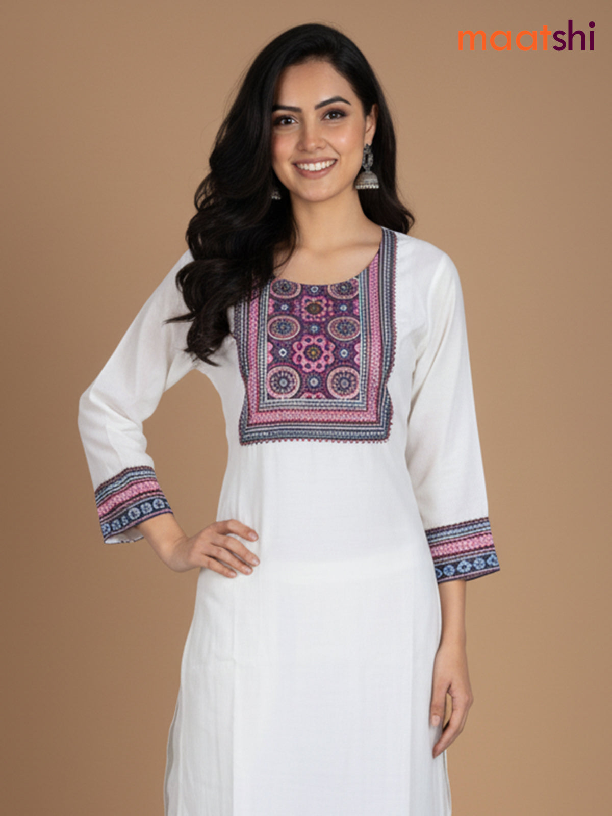 Off White and Deep Purple Chanderi Beaded Work Straight Suit