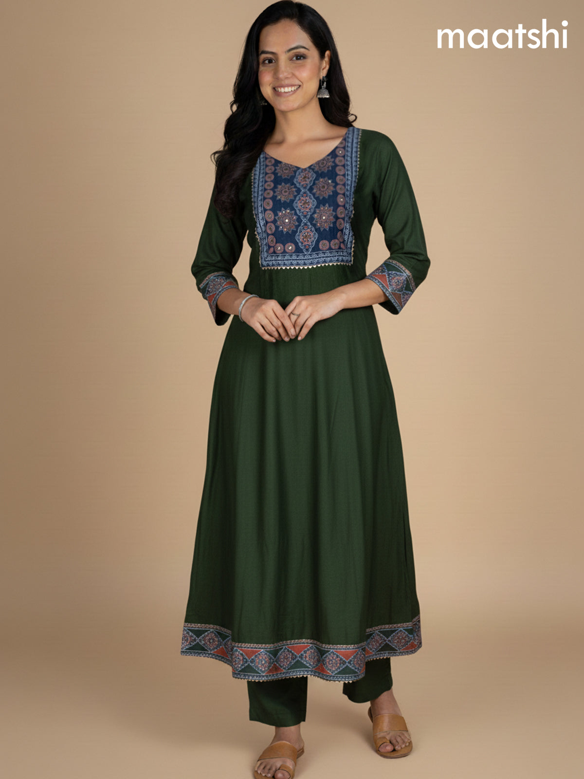Dark Sap Green and Peacock Blue Chanderi Beaded Work Anarkali Suit