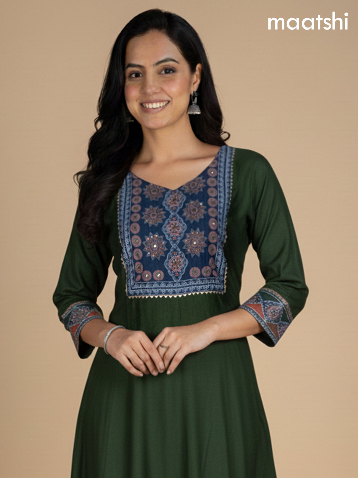 Dark Sap Green and Peacock Blue Chanderi Beaded Work Anarkali Suit