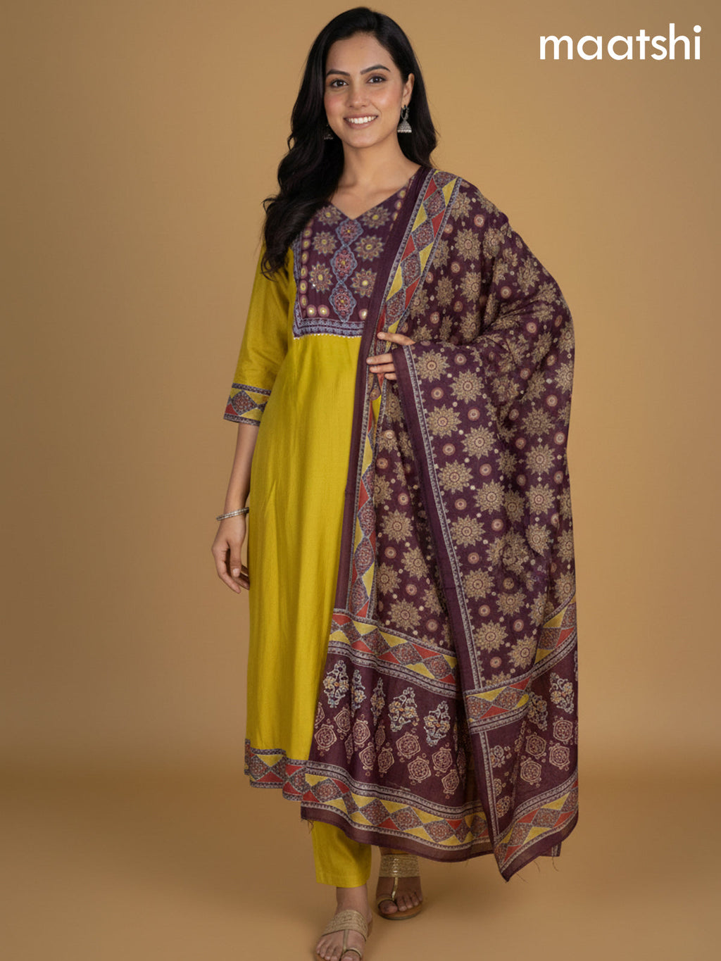 Lime Yellow and Maroon Chanderi Beaded Work Anarkali Suit
