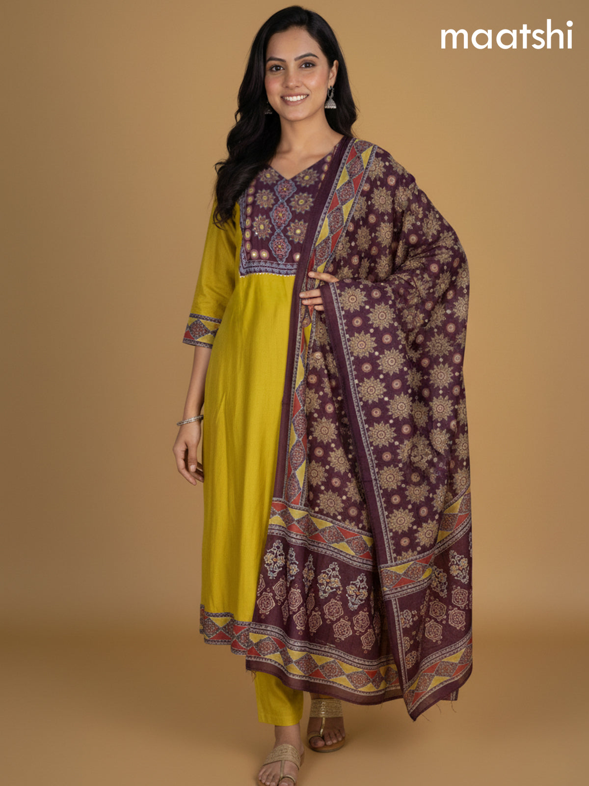 Lime Yellow and Maroon Chanderi Beaded Work Anarkali Suit
