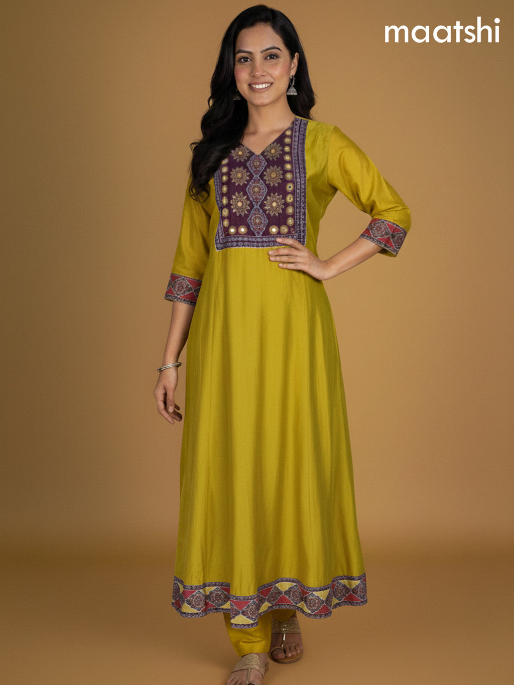 Lime Yellow and Maroon Chanderi Beaded Work Anarkali Suit