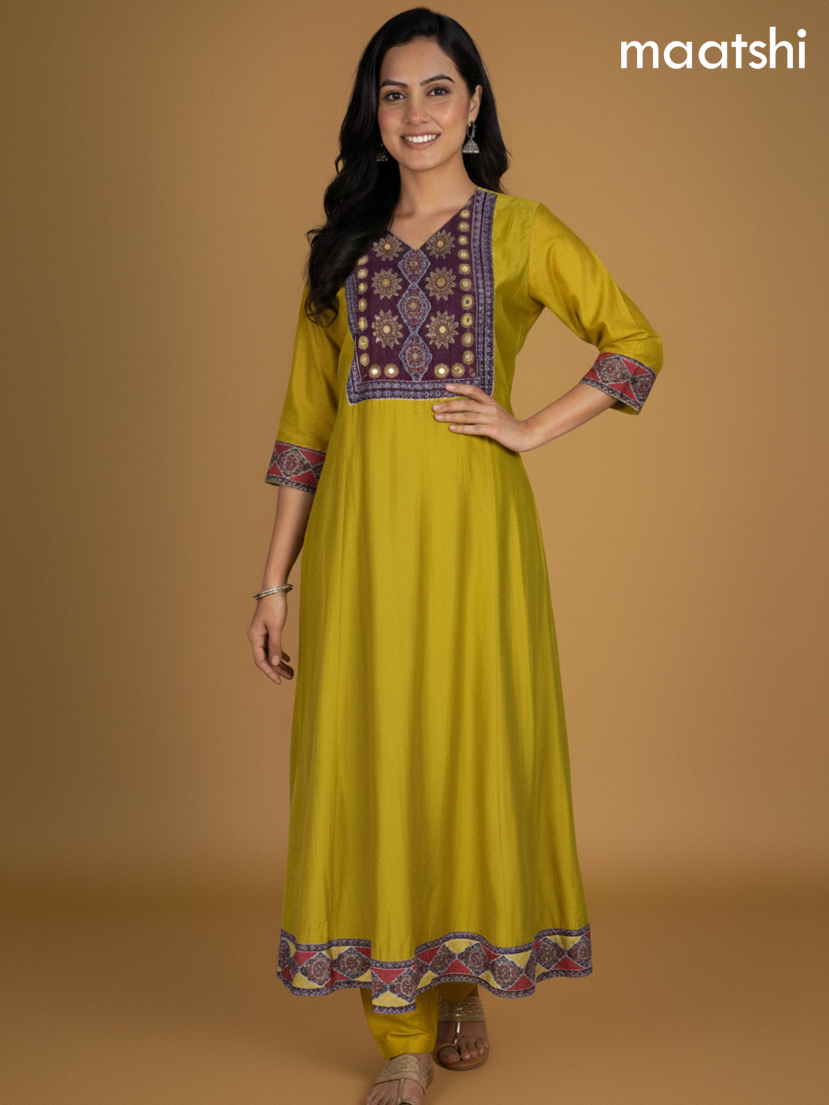 Lime Yellow and Maroon Chanderi Beaded Work Anarkali Suit