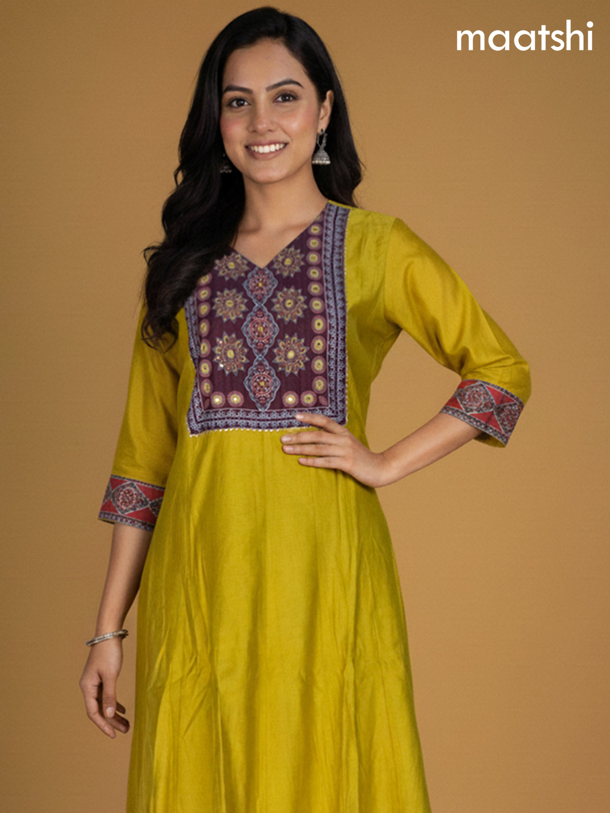 Lime Yellow and Maroon Chanderi Beaded Work Anarkali Suit