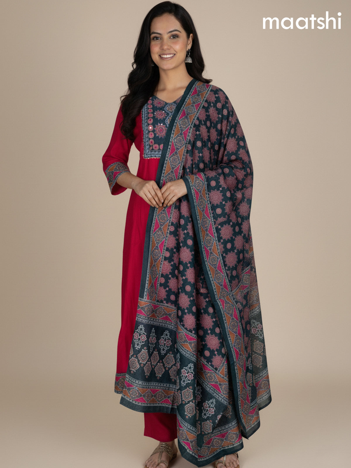 Pink and Green Chanderi Beaded Work Anarkali Suit
