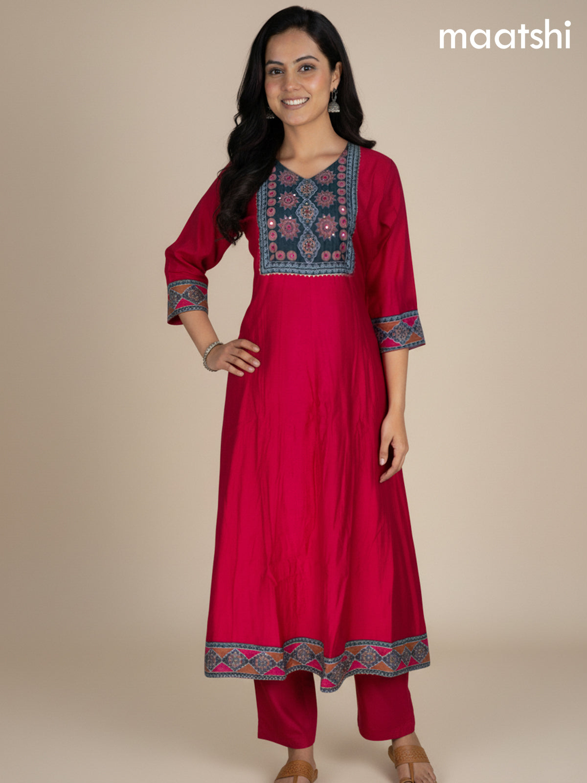 Pink and Green Chanderi Beaded Work Anarkali Suit