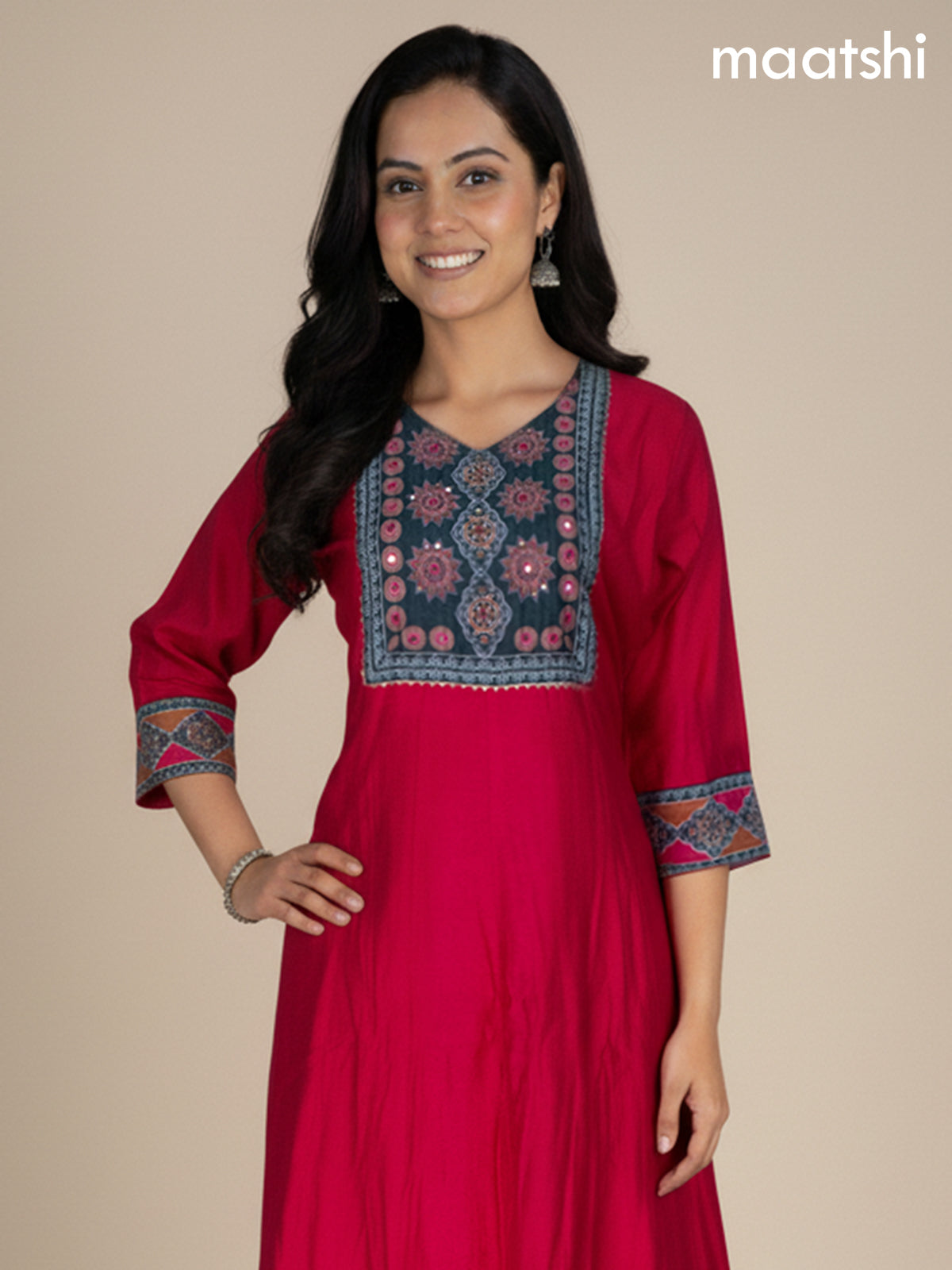 Pink and Green Chanderi Beaded Work Anarkali Suit