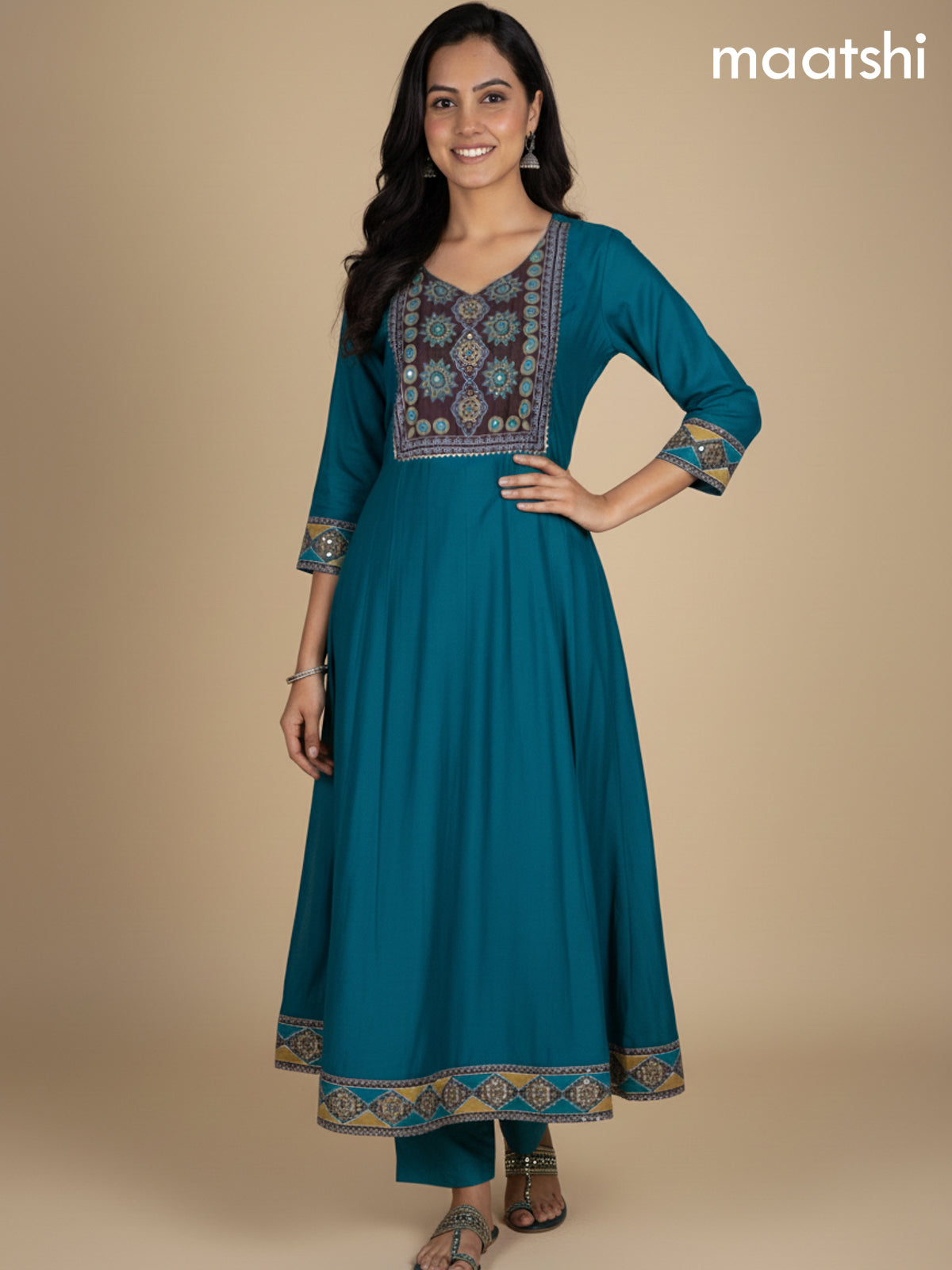 Teal Blue and Brown Chanderi Beaded Work Anarkali Suit