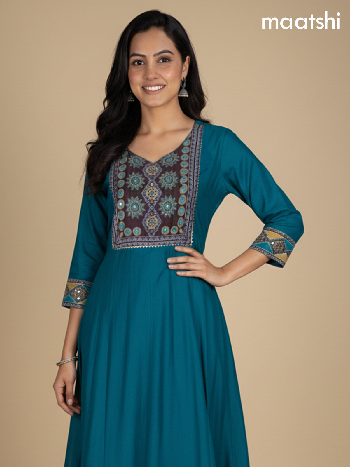 Teal Blue and Brown Chanderi Beaded Work Anarkali Suit