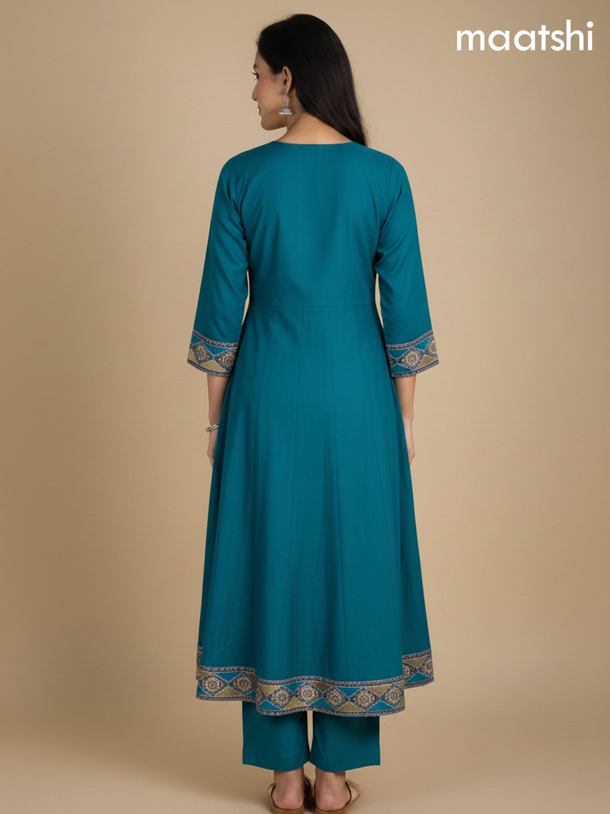 Teal Blue and Brown Chanderi Beaded Work Anarkali Suit