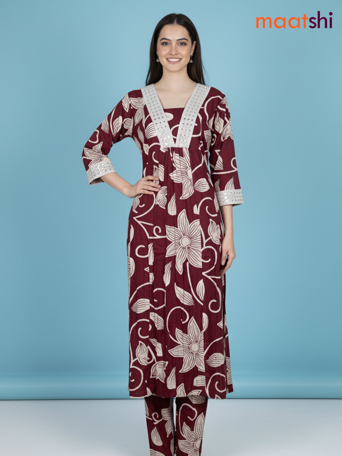 Maroon Cotton Floral Printed Co-Ord Set
