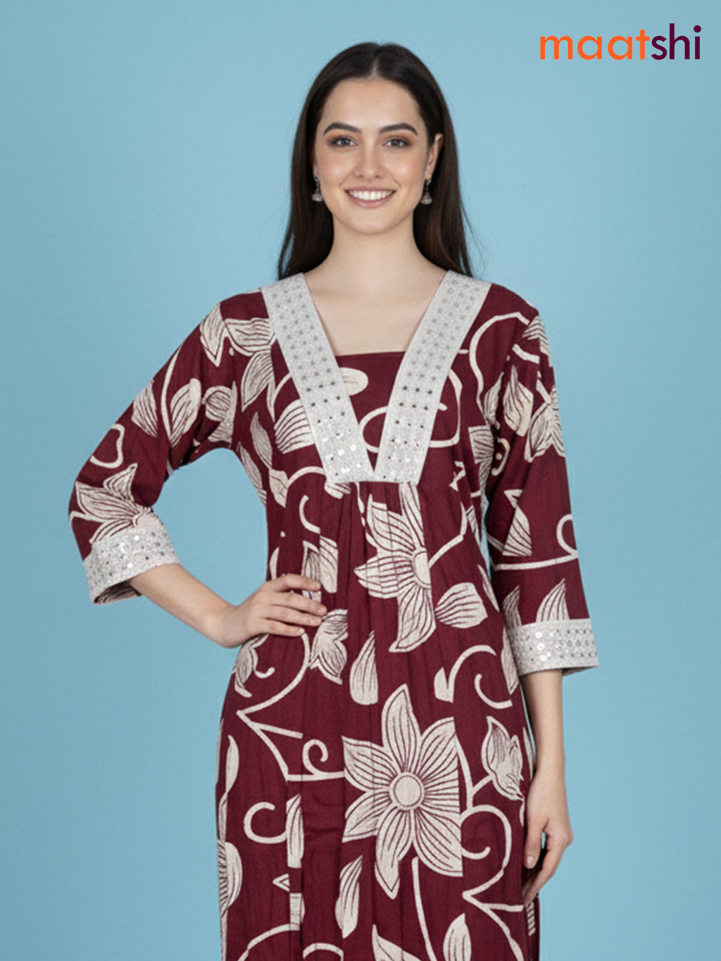 Maroon Cotton Floral Printed Co-Ord Set