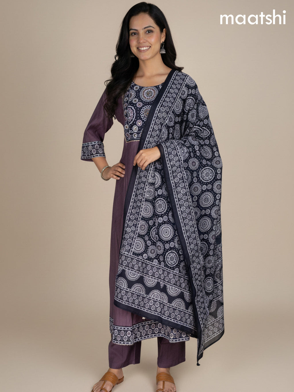 Rosy Brown and Black Chanderi Beaded Work Anarkali Suit