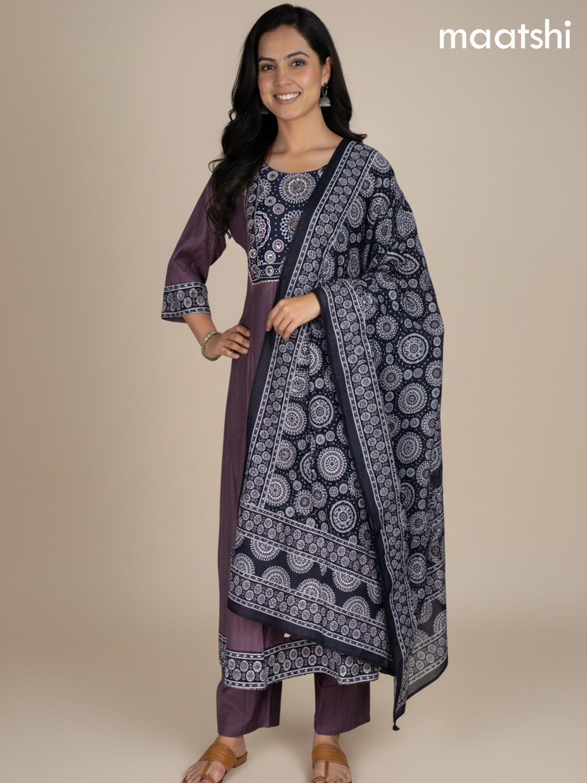 Rosy Brown and Black Chanderi Beaded Work Anarkali Suit