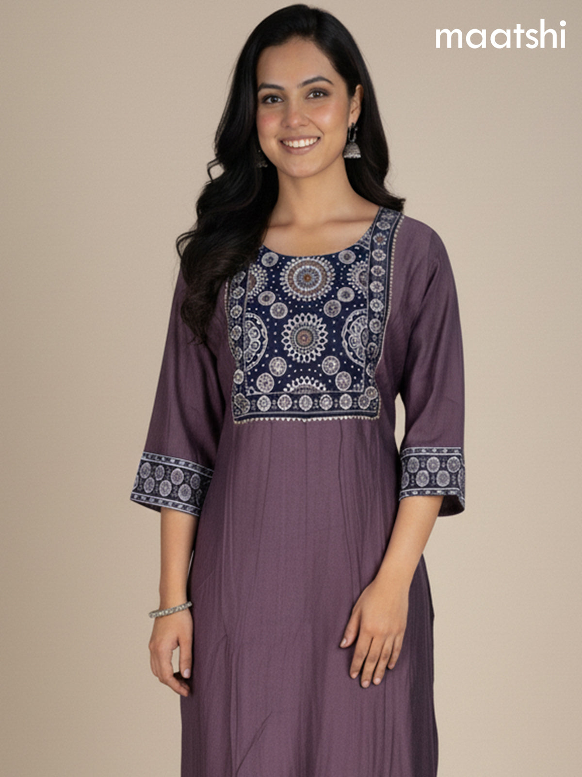 Rosy Brown and Black Chanderi Beaded Work Anarkali Suit