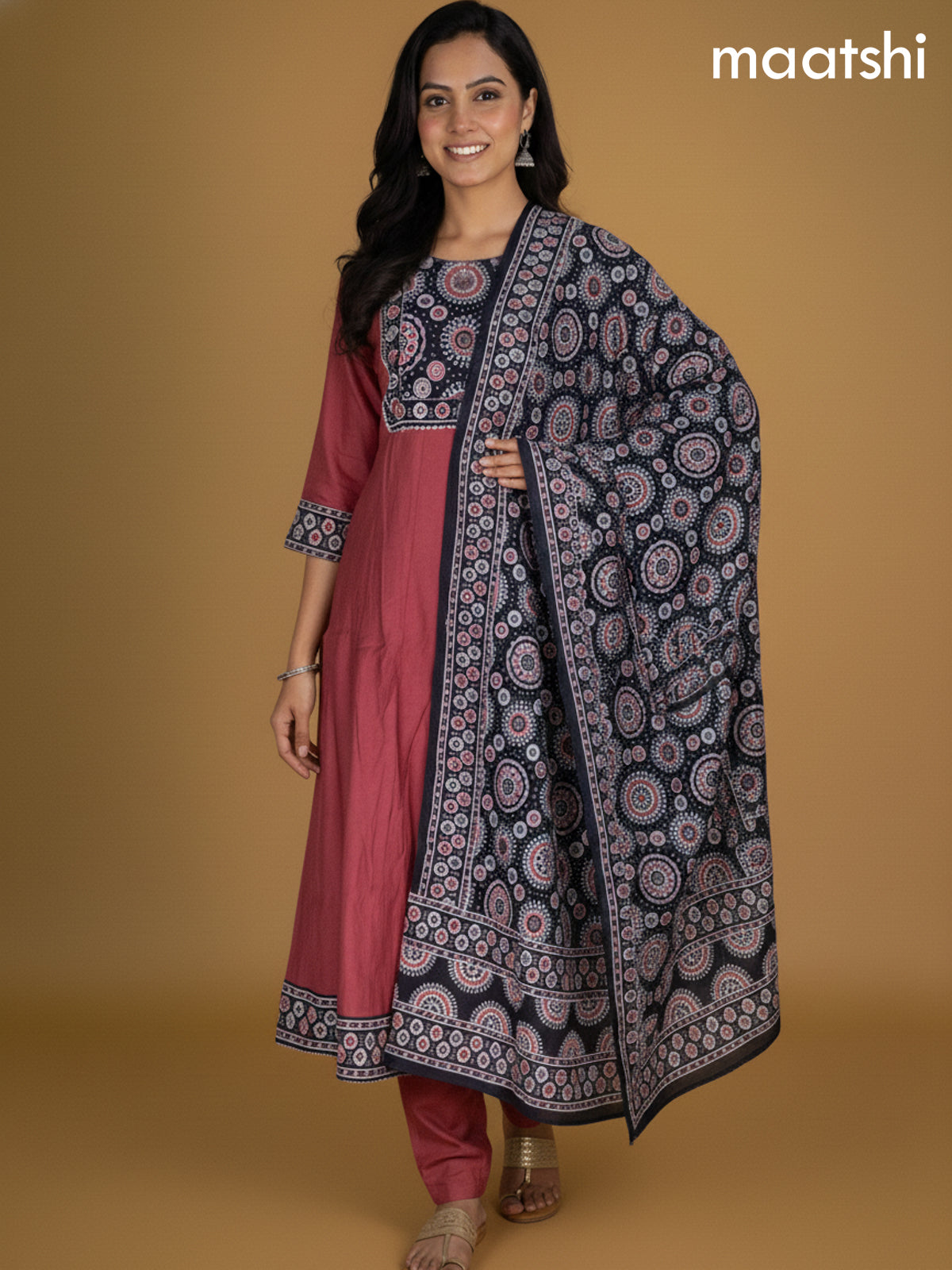 Dark Peach and Black Chanderi Beaded Work Anarkali Suit