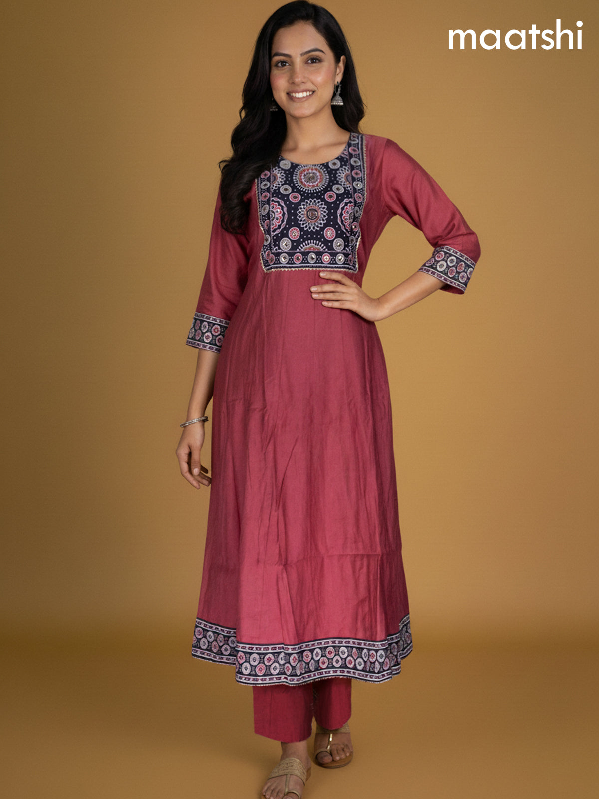 Dark Peach and Black Chanderi Beaded Work Anarkali Suit