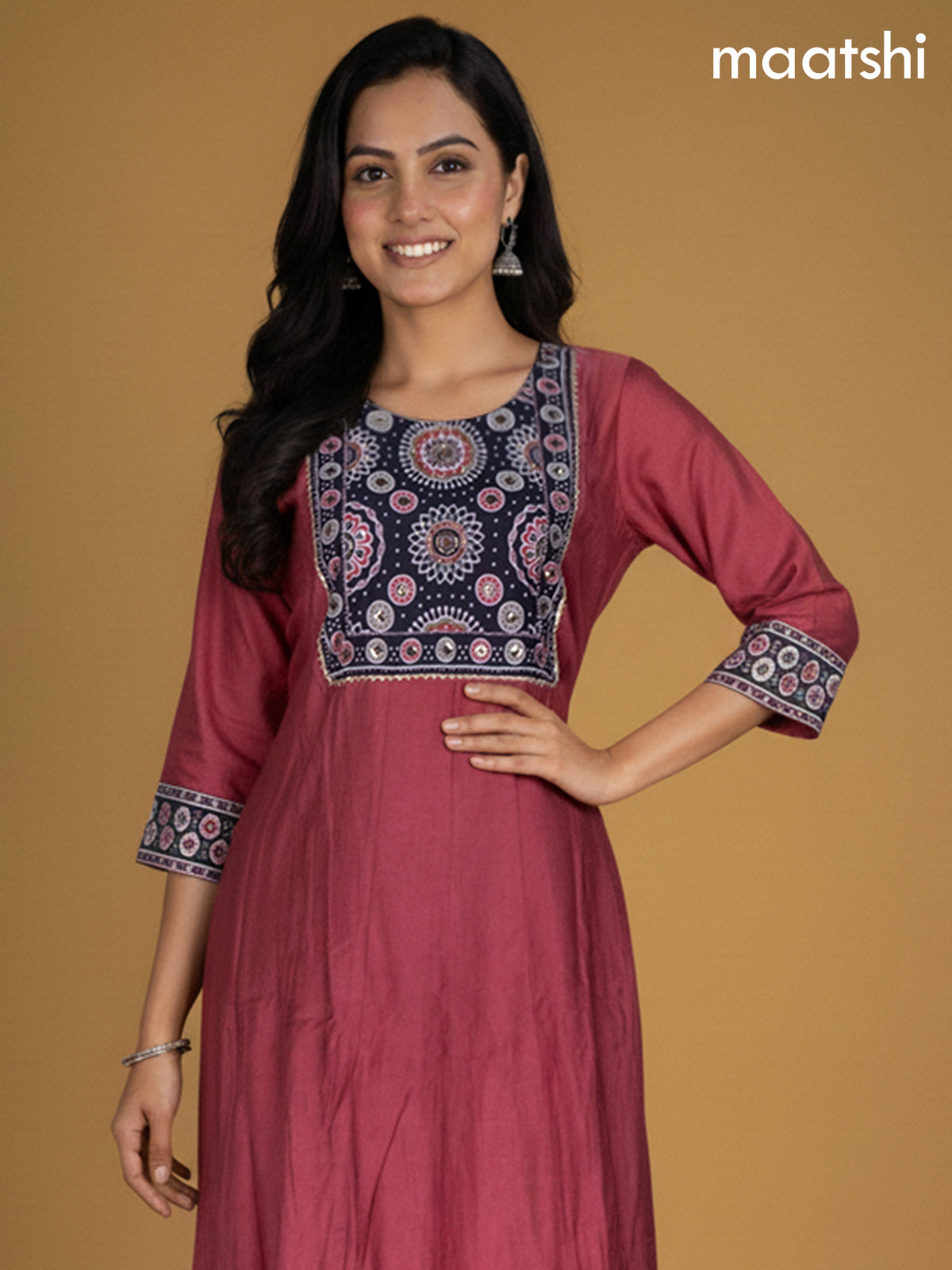Dark Peach and Black Chanderi Beaded Work Anarkali Suit