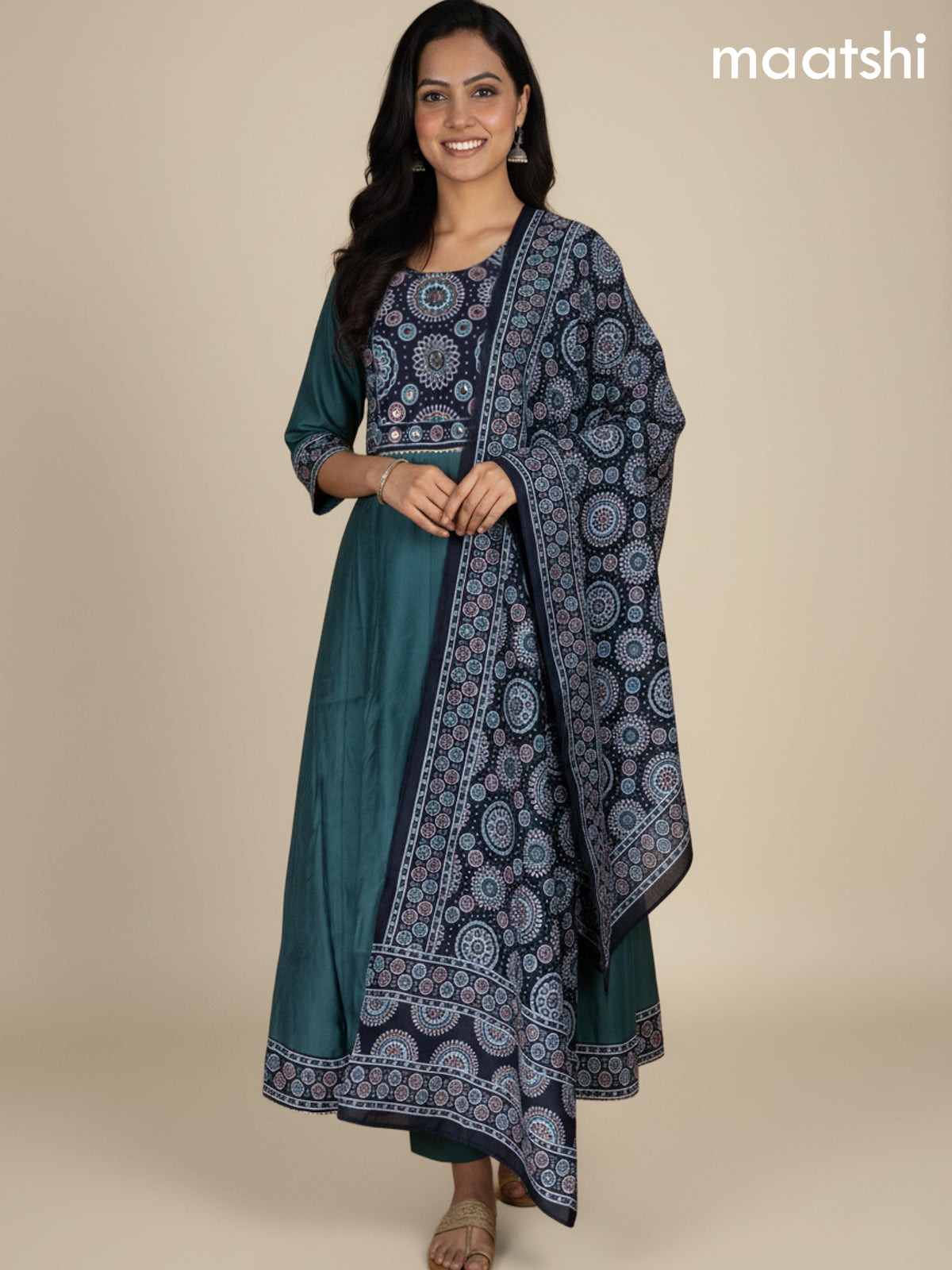 Green Shade and Black Chanderi Beaded Work Anarkali Suit
