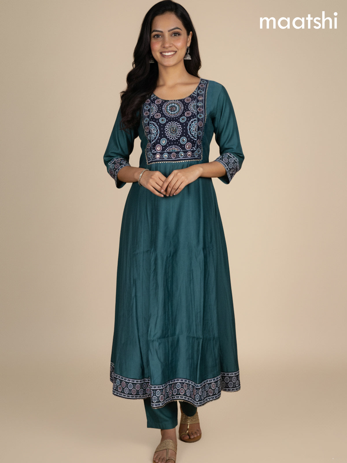 Green Shade and Black Chanderi Beaded Work Anarkali Suit