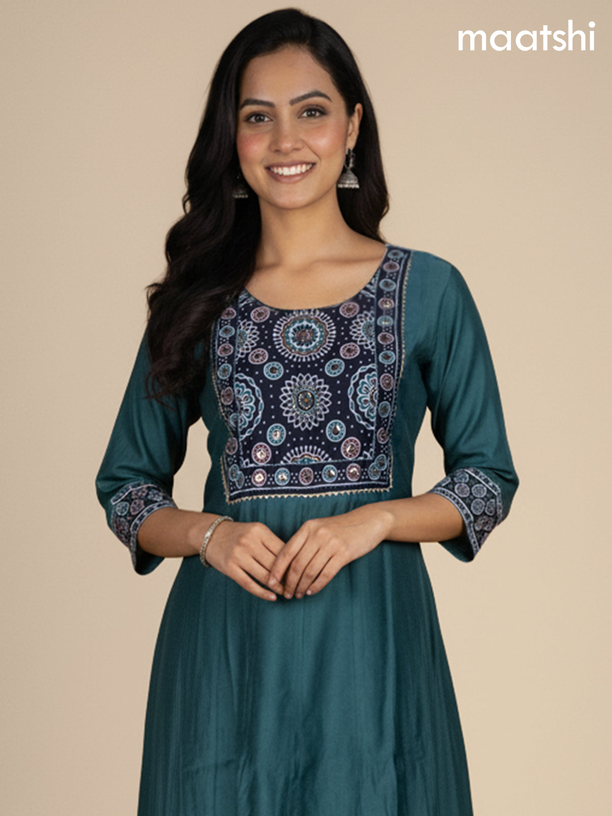 Green Shade and Black Chanderi Beaded Work Anarkali Suit