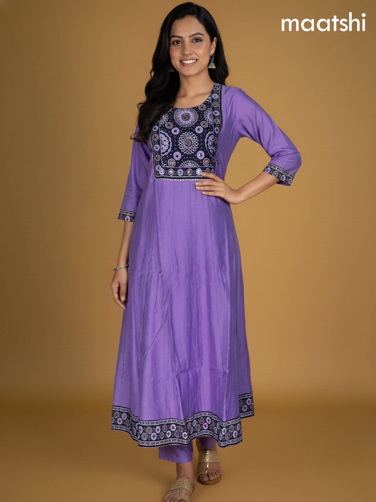 Lavender and Black Chanderi Beaded Work Anarkali Suit