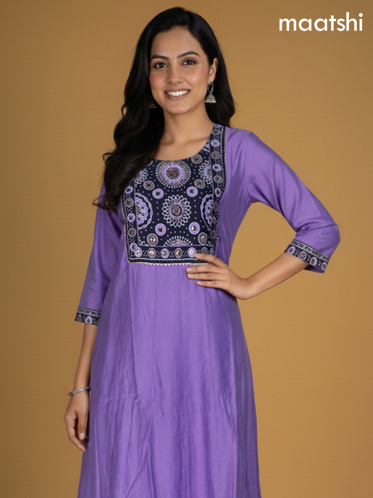 Lavender and Black Chanderi Beaded Work Anarkali Suit