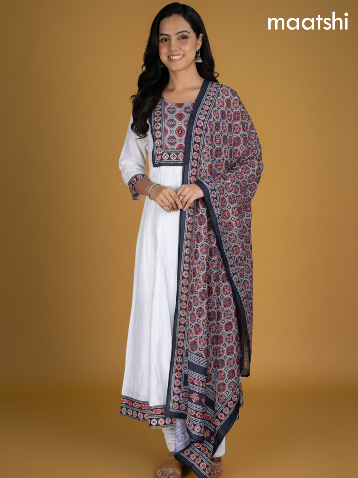 Off White and Black Red Chanderi Beaded Work Anarkali Suit