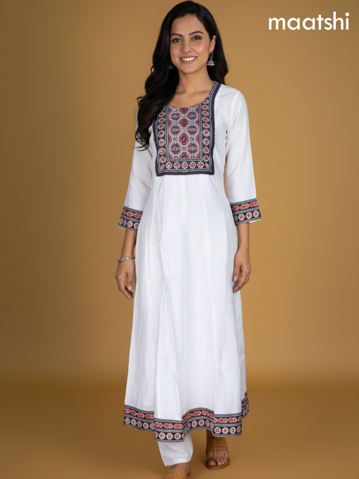 Off White and Black Red Chanderi Beaded Work Anarkali Suit