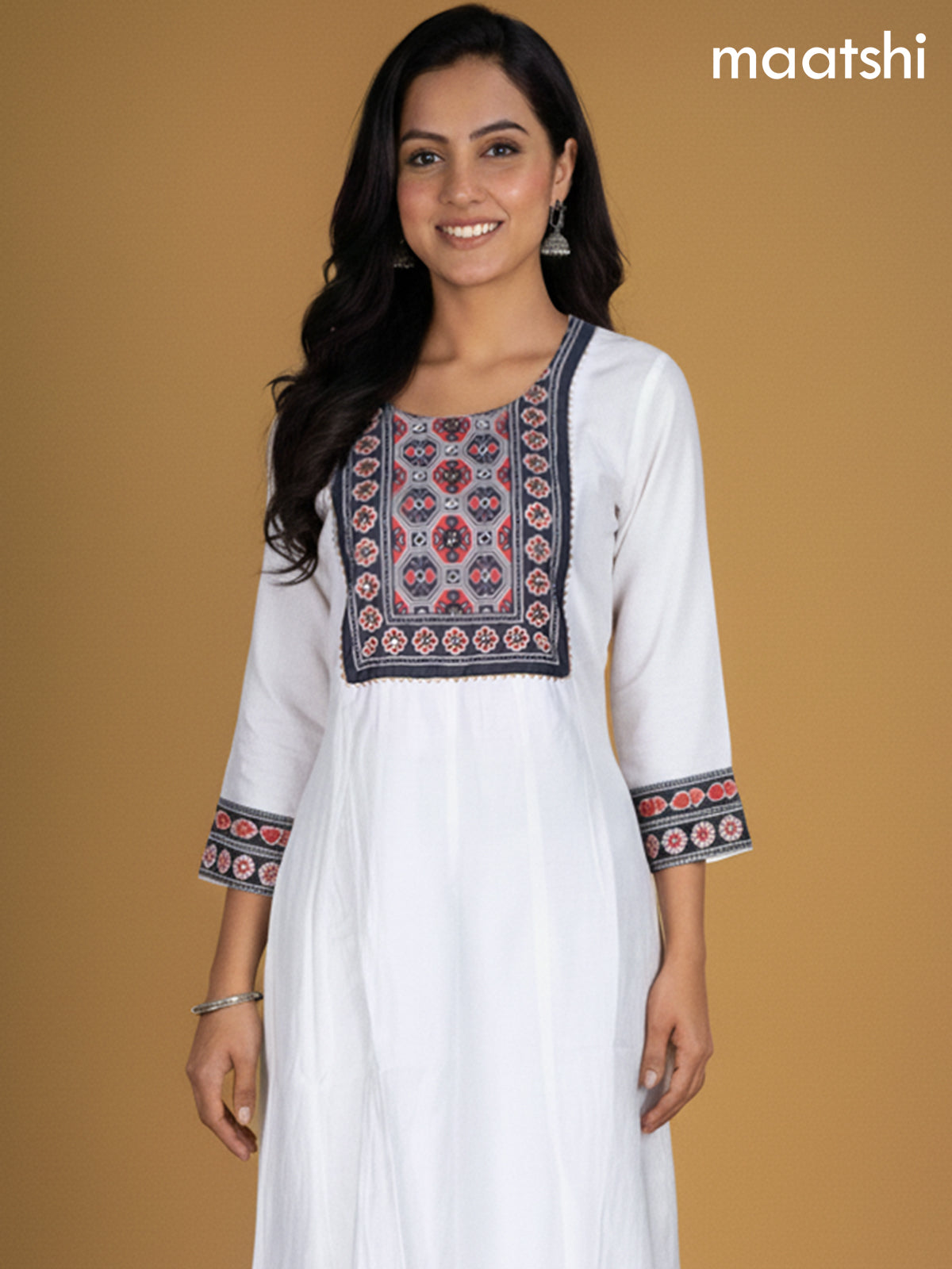 Off White and Black Red Chanderi Beaded Work Anarkali Suit