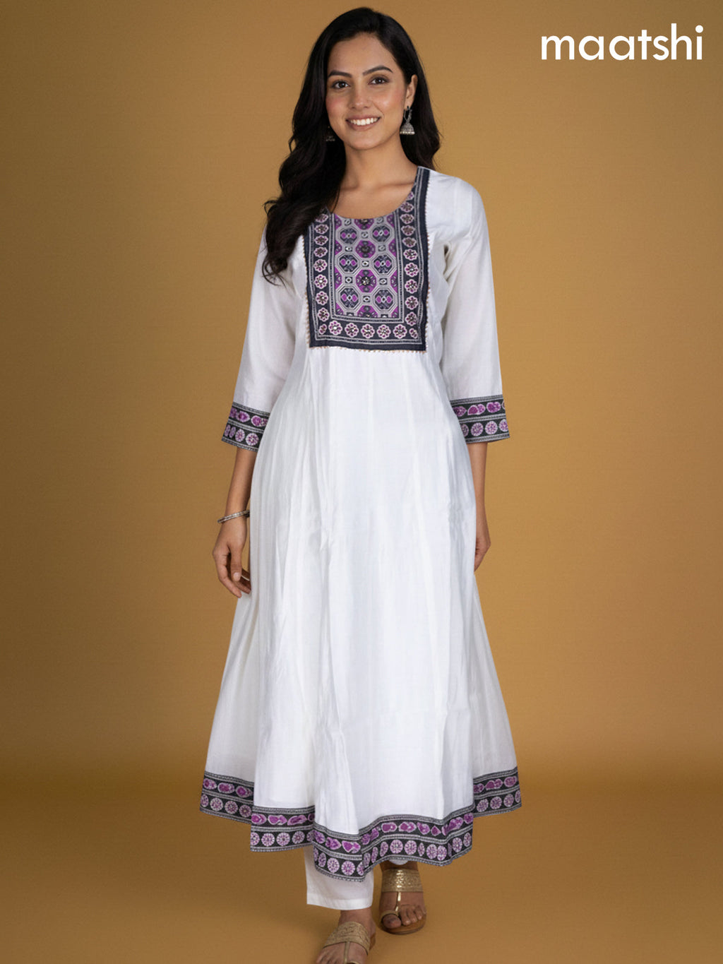 Off White and Black Purple Chanderi Beaded Work Anarkali Suit