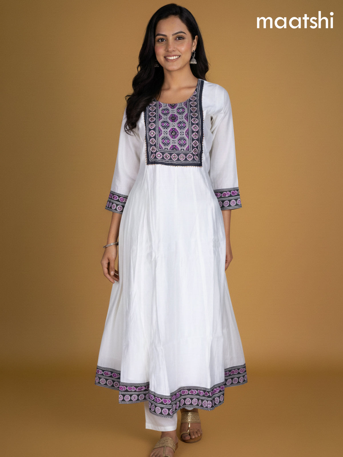 Off White and Black Purple Chanderi Beaded Work Anarkali Suit