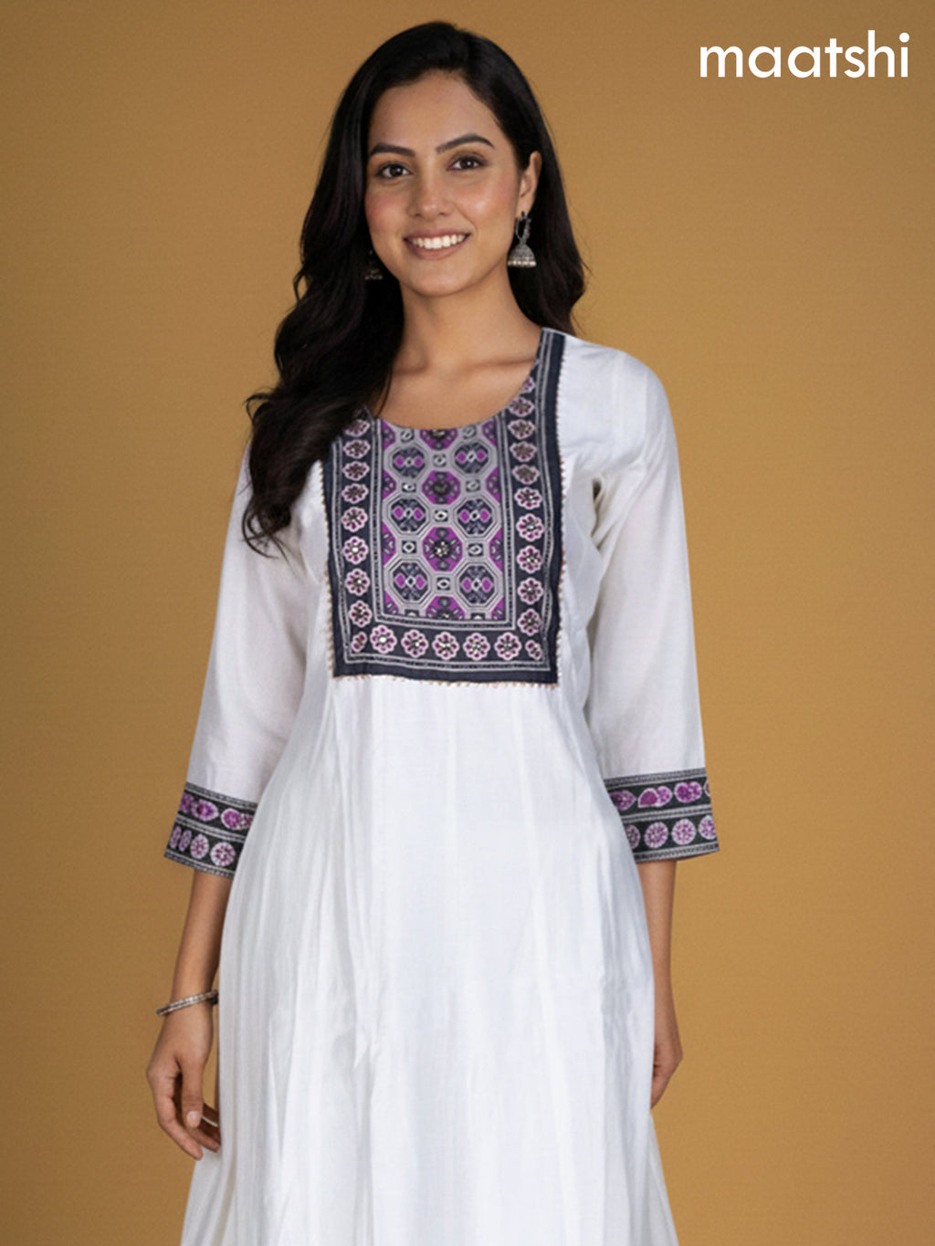 Off White and Black Purple Chanderi Beaded Work Anarkali Suit
