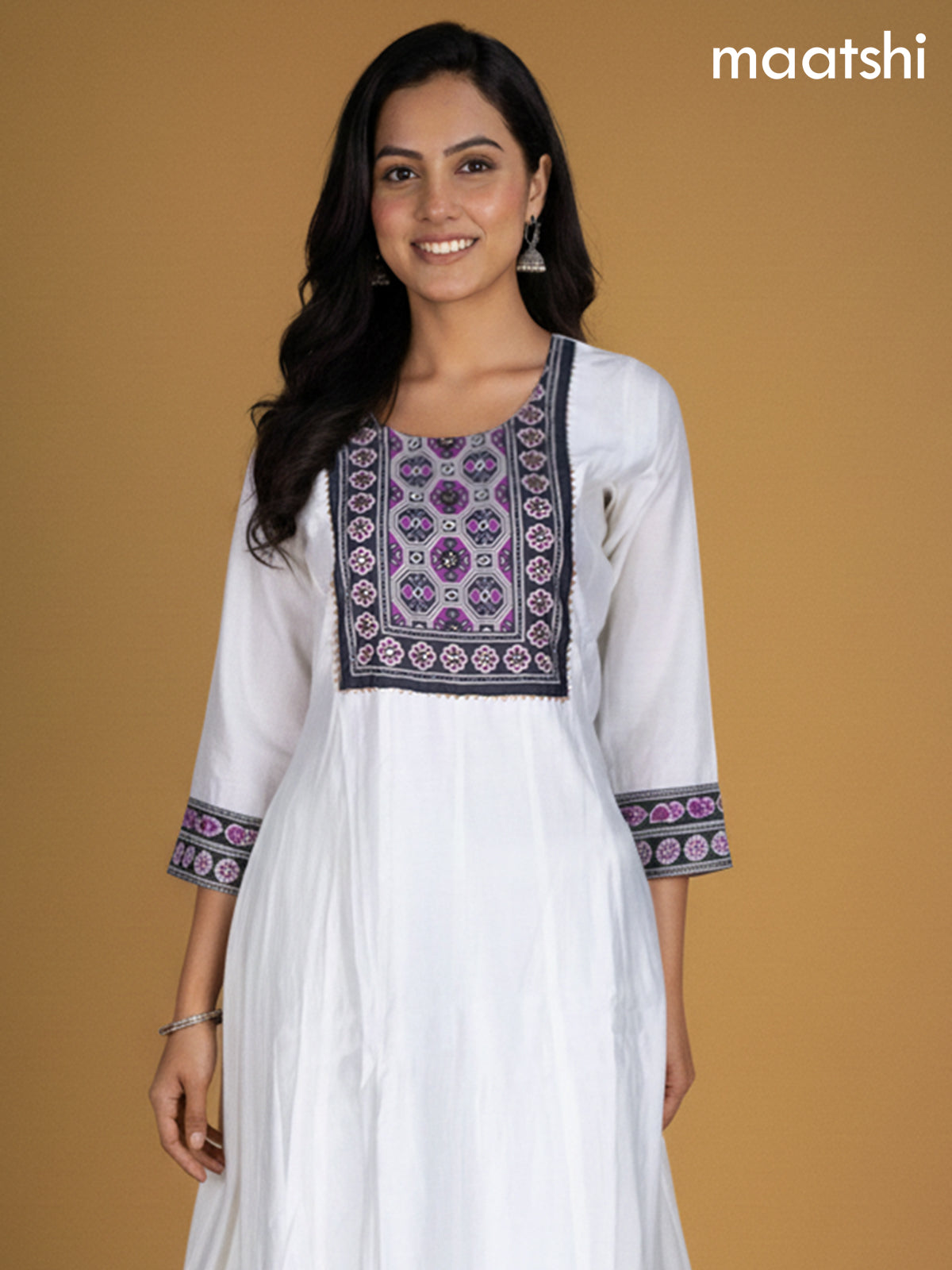 Off White and Black Purple Chanderi Beaded Work Anarkali Suit