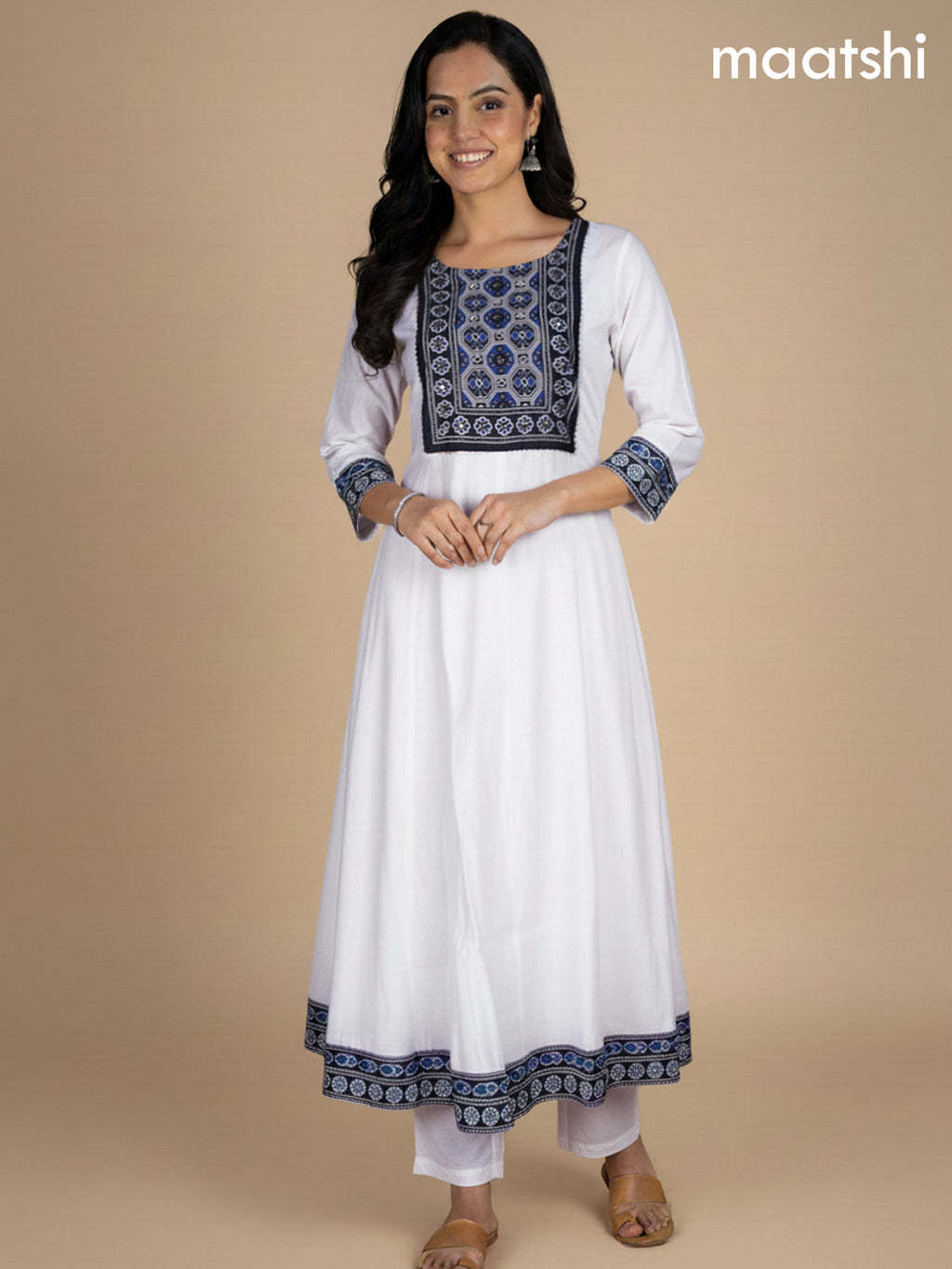 Off White and Black Blue Chanderi Beaded Work Anarkali Suit