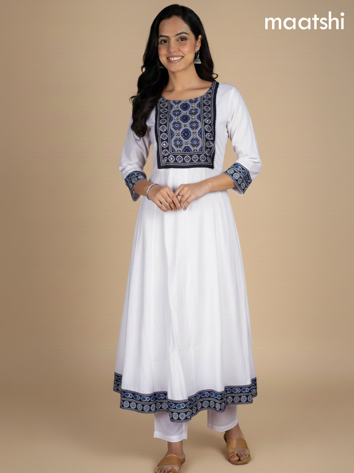 Off White and Black Blue Chanderi Beaded Work Anarkali Suit