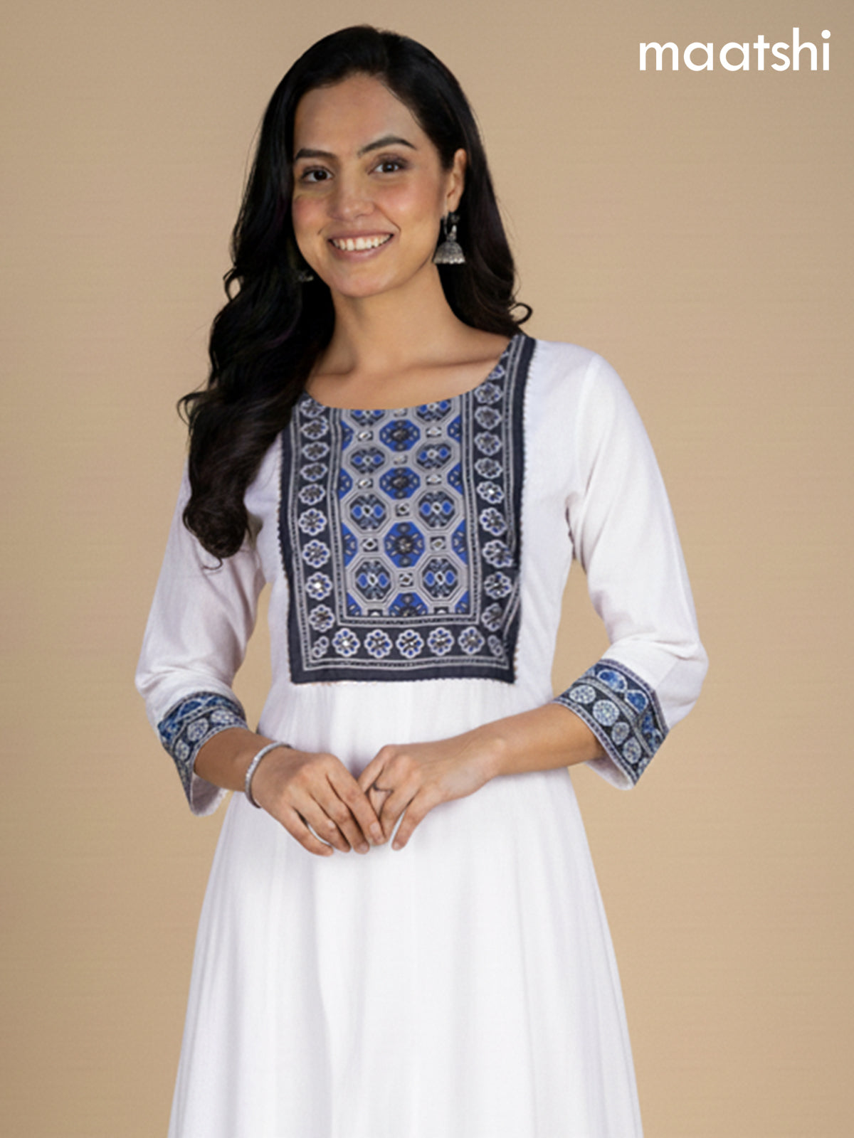 Off White and Black Blue Chanderi Beaded Work Anarkali Suit