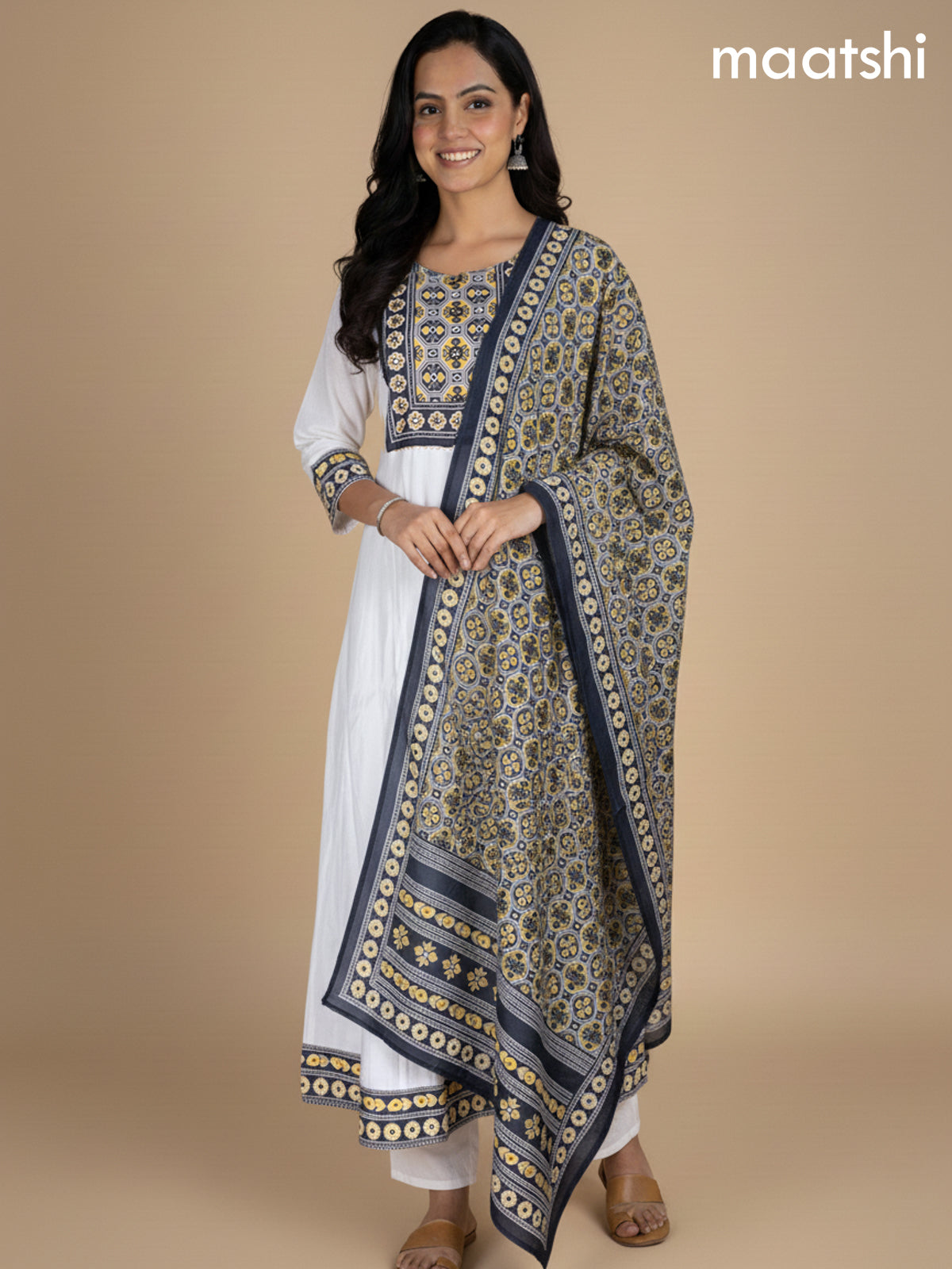 Off White and Black Yellow Chanderi Beaded Work Anarkali Suit