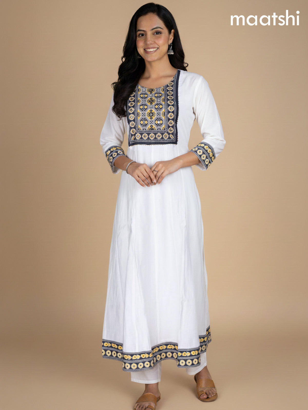Off White and Black Yellow Chanderi Beaded Work Anarkali Suit