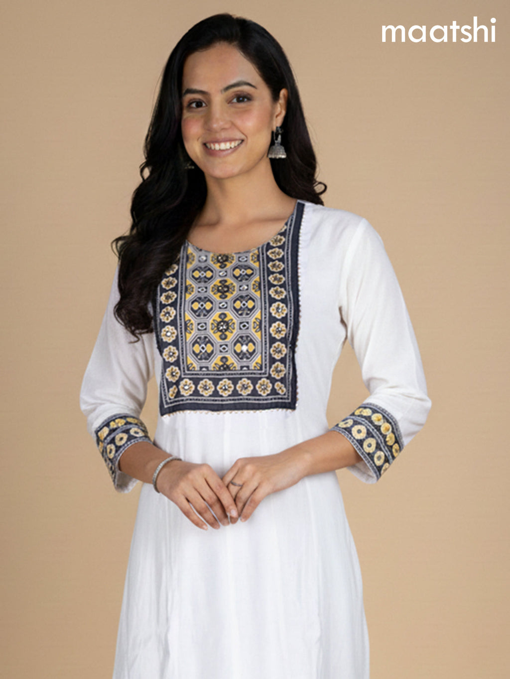 Off White and Black Yellow Chanderi Beaded Work Anarkali Suit