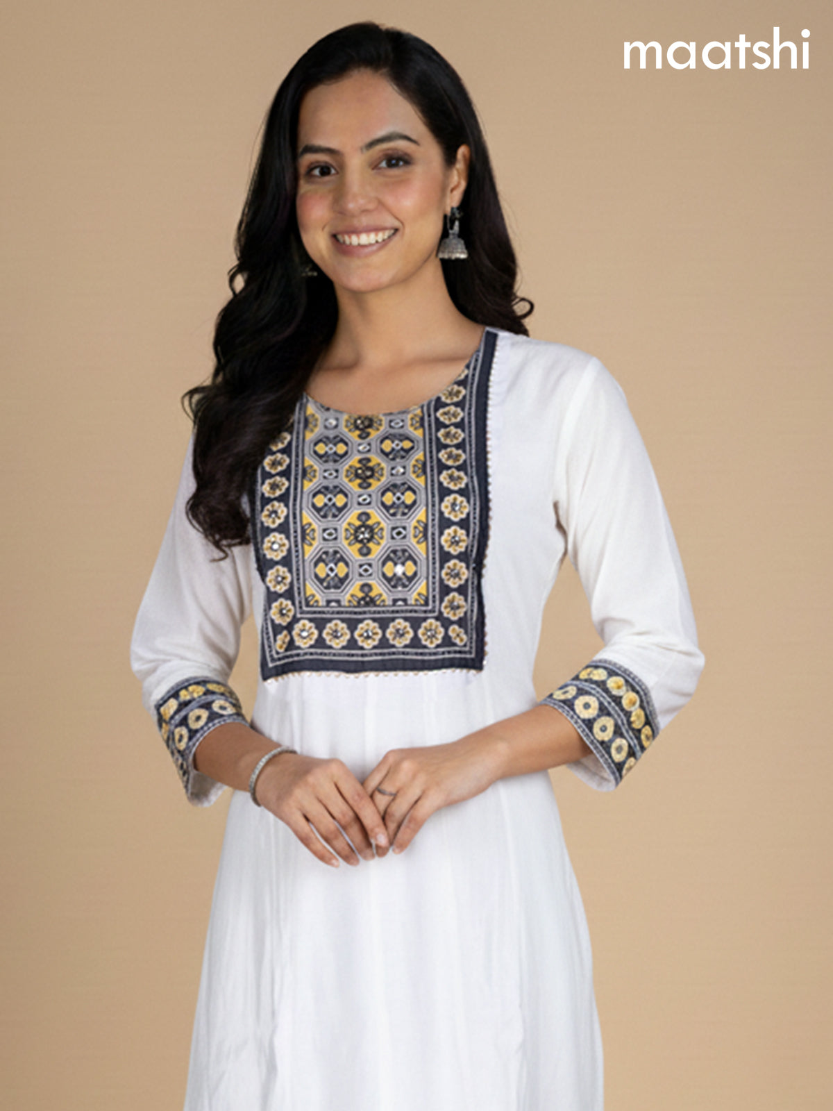 Off White and Black Yellow Chanderi Beaded Work Anarkali Suit